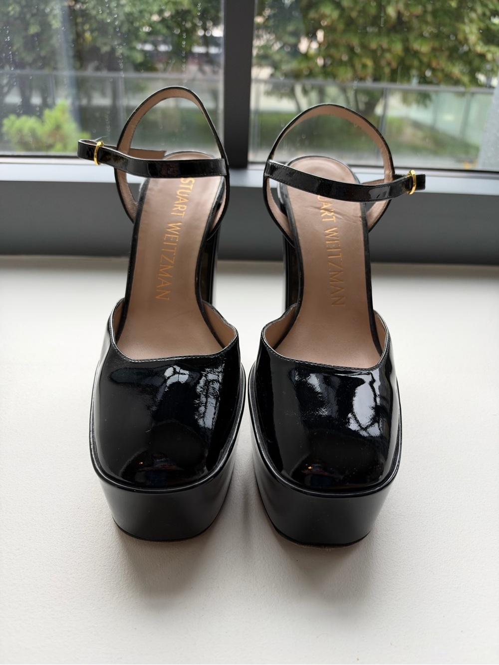 Stuart Weitzman Black Patent Platform Mary Jane Sandals with Ankle Strap